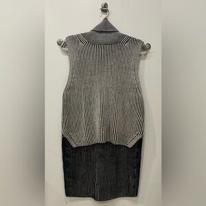 Gray Striped Sleeveless Turtleneck Sweater with Hi Low Waistline